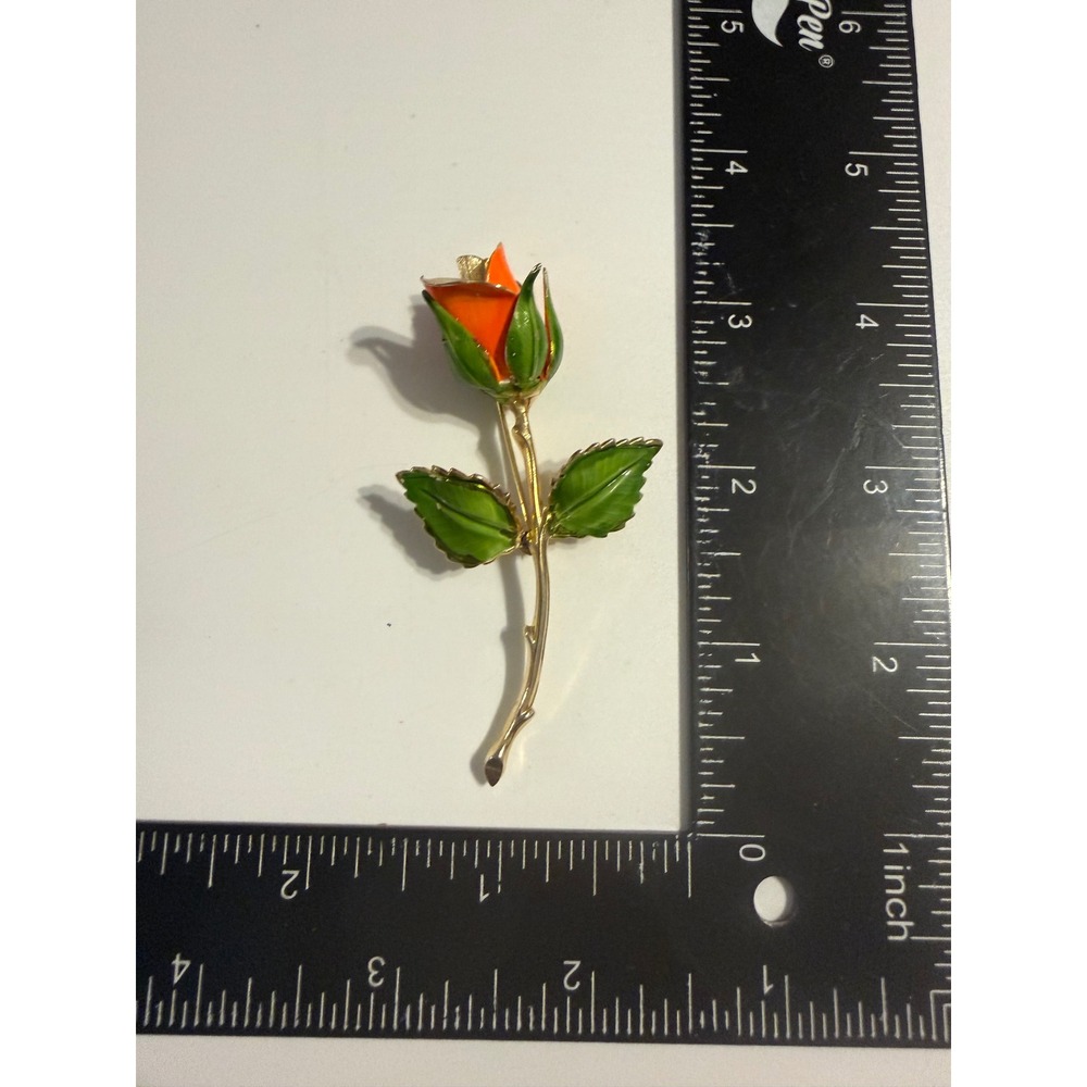 Vintage Giovanni Orange Rosebud Enamel Brooch Gold Tone Flower Pin Botanical